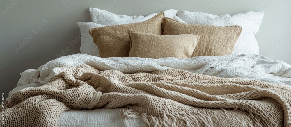 Beige and white bedding with layered throws and pillows.