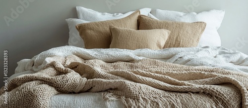 Obraz na płótnie Beige and white bedding with layered throws and pillows. w salonie