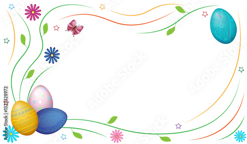Beautiful background with colorful Easter eggs, flowers and a butterfly