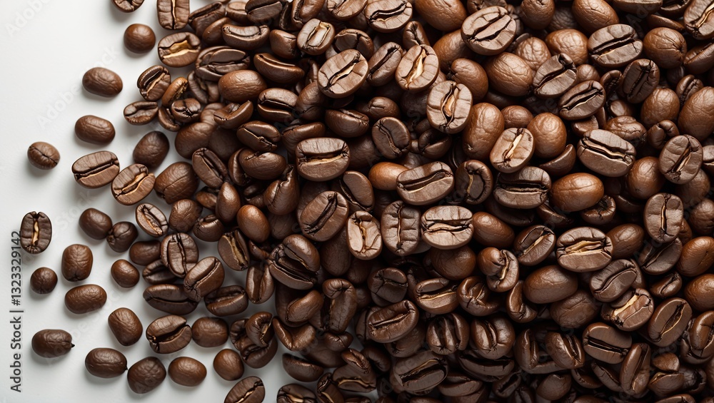 Fototapeta premium Close-up of roasted coffee beans in varying shades of brown, arranged on a white background, ideal for adding text or design elements.