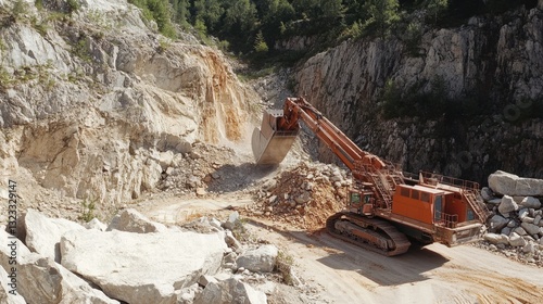 A giant rock crusher breaking down massive boulders at a quarry site