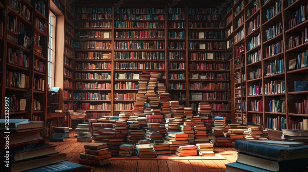 Obraz premium Vast library interior with stacks of books on wooden floor