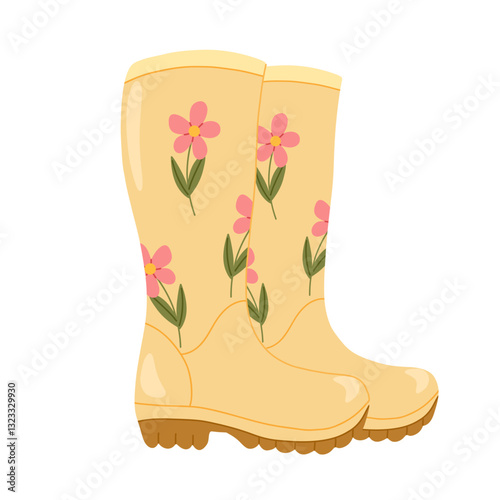 Pair of rubber boots with flowers print vector hand drawn illustration. Classic gardening, autumnal footwear for stickers, packaging, posters, invitations, web icons, textiles, seasonal designs