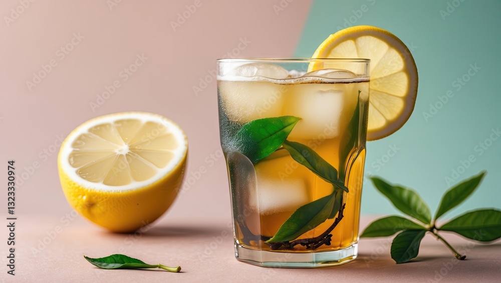 Fototapeta premium Iced green tea in a glass with lemon slice and ice cubes positioned on a pastel pink and green background, garnished with fresh tea leaves.