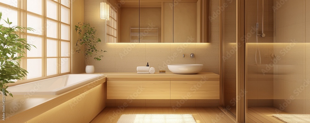 Beige Japandi bathroom with clean surfaces and warm wood tones.