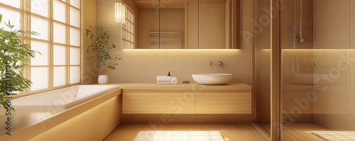 Obraz na płótnie Beige Japandi bathroom with clean surfaces and warm wood tones. w salonie