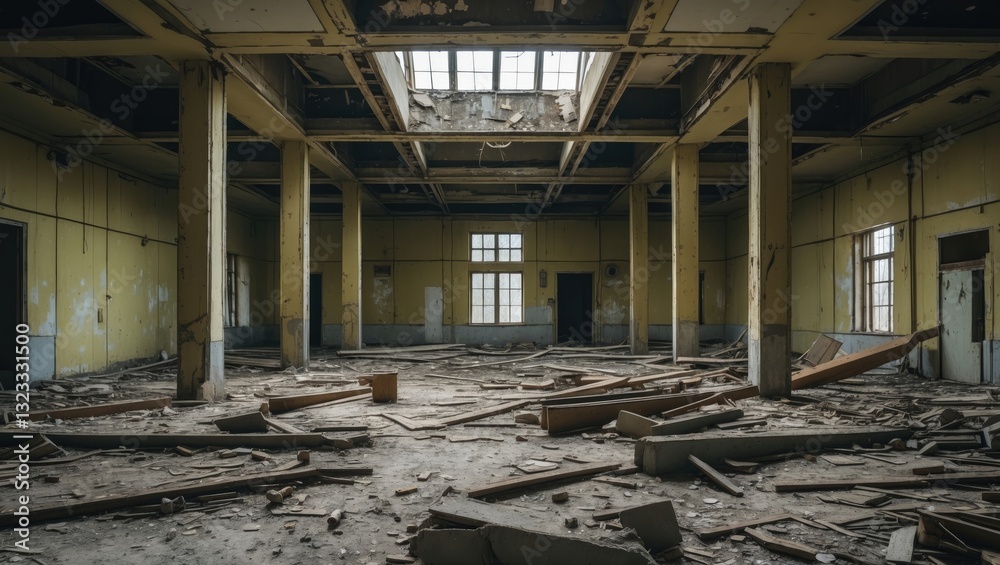 Abandoned interior of a dilapidated building with yellow walls, scattered debris, and large windows allowing natural light, Chernobyl zone. Abandoned interior of a dilapidated building with yellow walls, scattered debris, and large windows allowing natural light, Chernobyl zone.