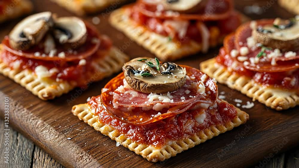 These delightful mini square cracker bites feature a rich tomato sauce base, topped with layers of pepperoni, mushrooms, and sprinkle of cheese, perfect for snacking at gatherings or cozy evenings.
