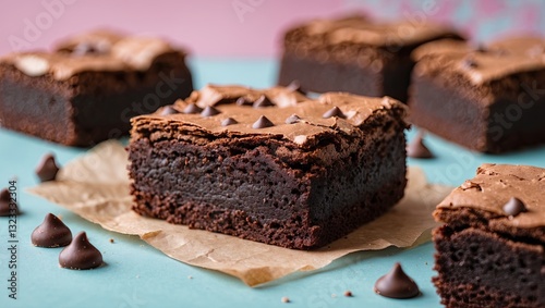 Rich chocolate brownie square on beige parchment, surrounded by mini chocolate chips, against a pastel blue and pink background, enticing dessert display.