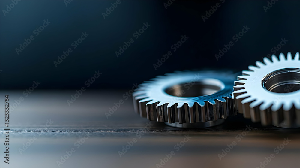 Two Shiny Metal Gears Interlocked On Wooden Surface With Blue Tone Background Lighting