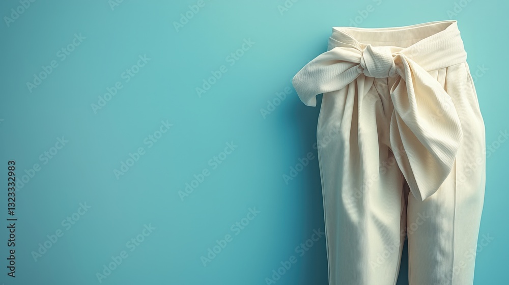 A pair of cream-colored pants with a stylish bow at the waist, placed against a soft blue background. The simple yet chic design of the pants, paired with the gentle color contrast, gives off a sophis A pair of cream-colored pants with a stylish bow at the waist, placed against a soft blue background. The simple yet chic design of the pants, paired with the gentle color contrast, gives off a sophis