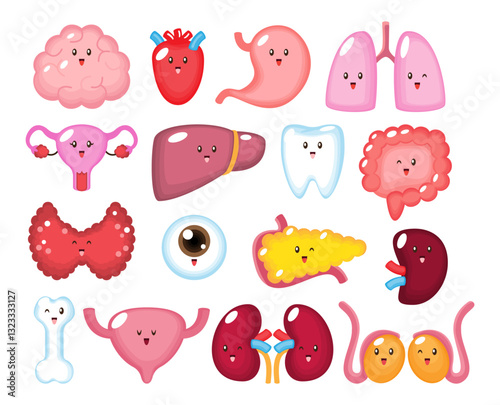 Collection of human internal organs with cartoon face style . Vector .