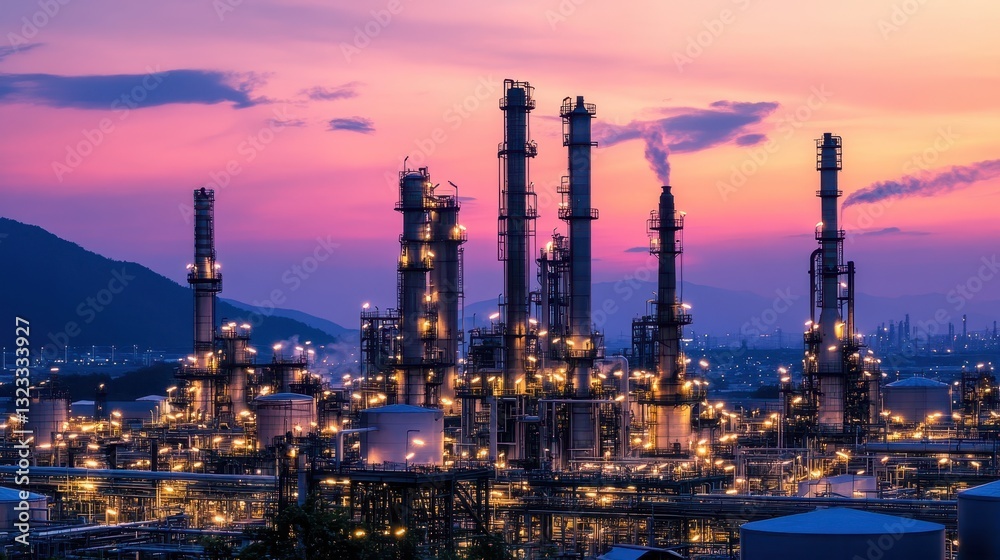 Illuminated refinery at sunset, towers and pipelines gleam. Illustrates industrial processes, energy production, or environmental impact. Illuminated refinery at sunset, towers and pipelines gleam. Illustrates industrial processes, energy production, or environmental impact.