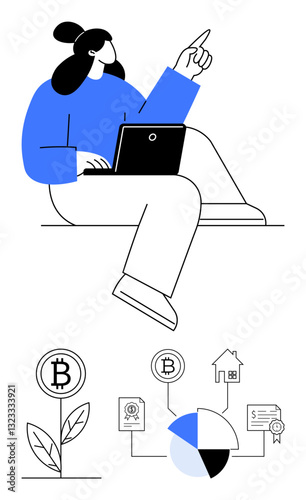 Woman pointing upward while using a laptop, with Bitcoin growth and network icons below. Ideal for cryptocurrency, investment, education, technology, innovation, blockchain economy. A flat simple