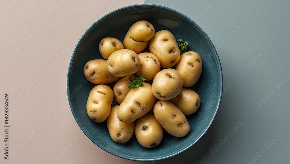 Bowl filled with young golden potatoes arranged neatly in a teal bowl on a split pastel background of beige and blue, overhead view. Bowl filled with young golden potatoes arranged neatly in a teal bowl on a split pastel background of beige and blue, overhead view.