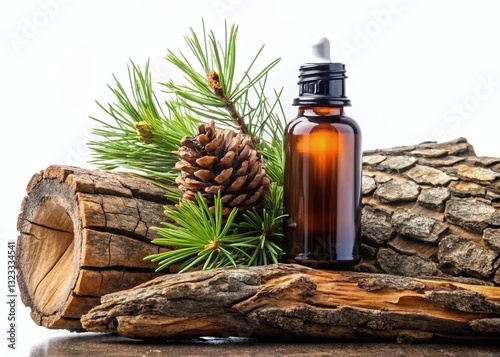 Dark Bottle of Pine Bark Extract Serum on White Background - Minimalist Cosmetic Product Photography