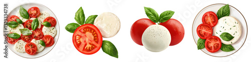 Caprese salad with fresh mozzarella cheese ripe red tomatoes and green basil leaves arranged on a white plate  Healthy and delicious Italian Mediterranean cuisine top view
