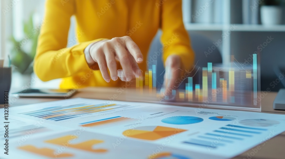Fototapeta premium Digital Marketing Spend Concept. A person in a yellow sweater interacts with colorful charts and graphs on a desk, showcasing data analysis and business insights.
