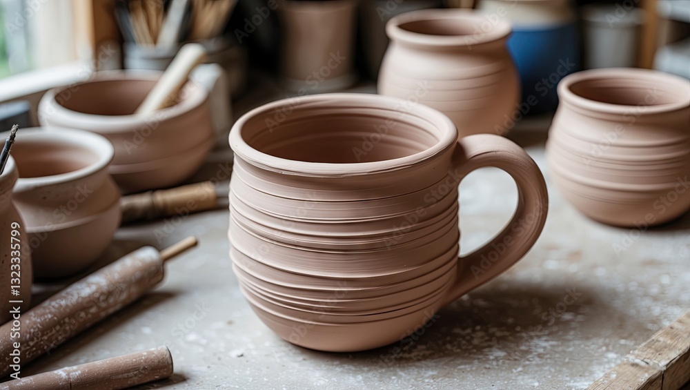 Fototapeta premium Handcrafted clay mug with textured surface in a ceramist studio setting surrounded by additional pottery on a rustic workbench with natural light.