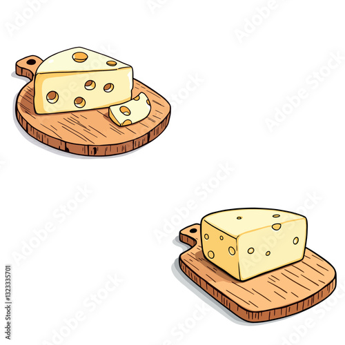Vsai two wedges of swiss cheese resting on wooden cutting boards