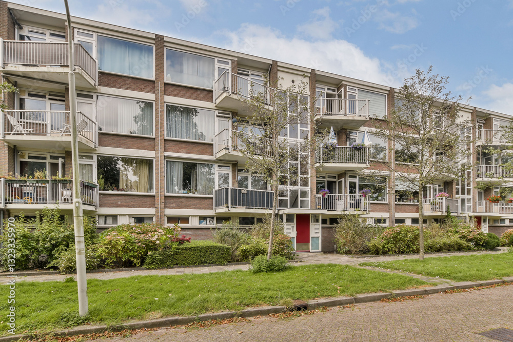 An elegant modern residential building surrounded by lush greenery and well-maintained landscaping. Architectural features enhance its contemporary look. An elegant modern residential building surrounded by lush greenery and well-maintained landscaping. Architectural features enhance its contemporary look.