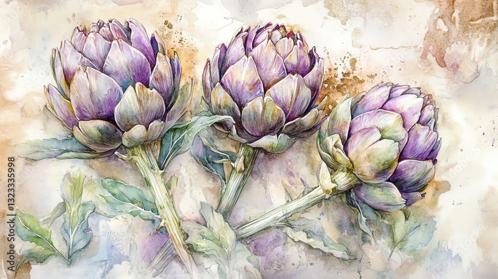 Obraz premium Vegetables and farm produce. Collection set watercolor fresh farm vegetables. Beautiful watercolor artichoke flower arrangement.