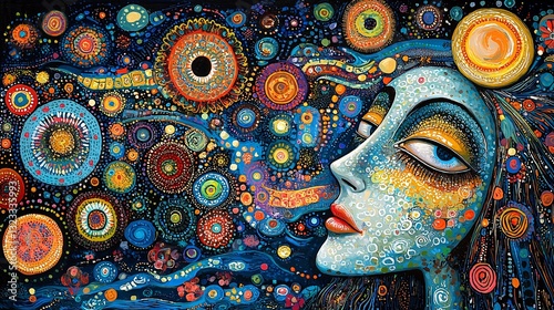 Dreamy Portrait of Woman in Cosmic Background with Colorful Patterns