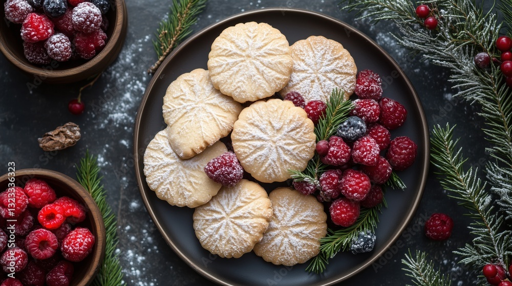 Beautifully decorated holiday cookies with powdered sugar and fresh berries on a dark plate. Concept of Christmas desserts, winter treats, and cozy baking. Beautifully decorated holiday cookies with powdered sugar and fresh berries on a dark plate. Concept of Christmas desserts, winter treats, and cozy baking.