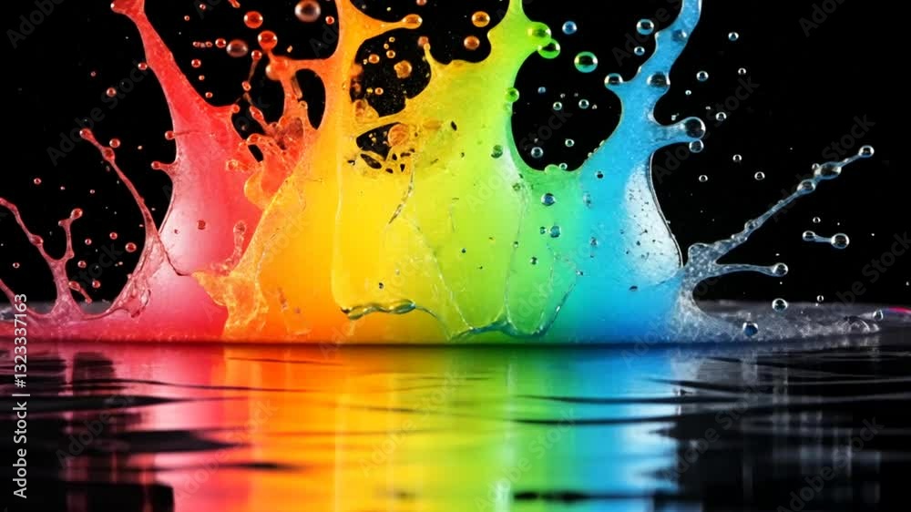 Dynamic rainbow colored liquid splash in slow motion revealing vibrant hues and smooth water surface