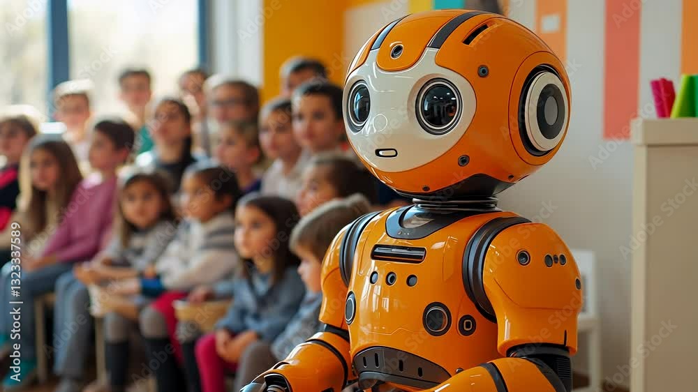 In a vibrant classroom filled with eager students, a friendly robot engages children in interactive lessons. The futuristic atmosphere inspires creativity and curiosity among young learners.