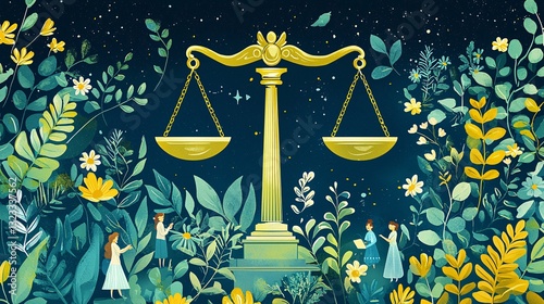 Illustrative Balance Scale Surrounded by Lush Flora and Women