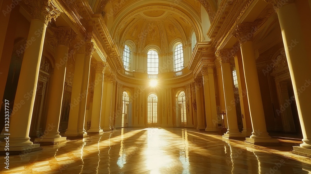 Obraz premium Majestic sunlit interior of grand baroque-style hall with tall columns and arched windows