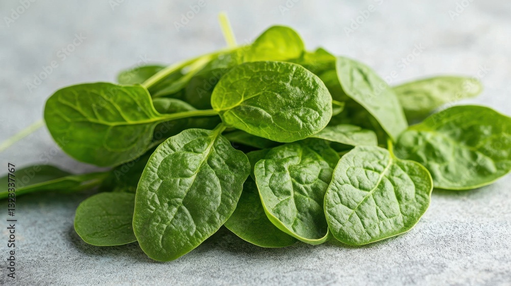 Fototapeta premium Fresh green spinach leaves on light gray surface
