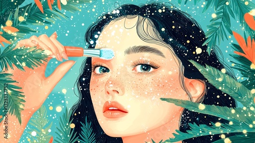 Radiant Woman Applying Skincare in a Festive Winter Setting