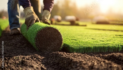 Hardworking gardener rolling out fresh green grass carpet rolls on sunny day, creating new lawn patches in open field with clear blue sky, natural real grass atmosphere, workwear gloves