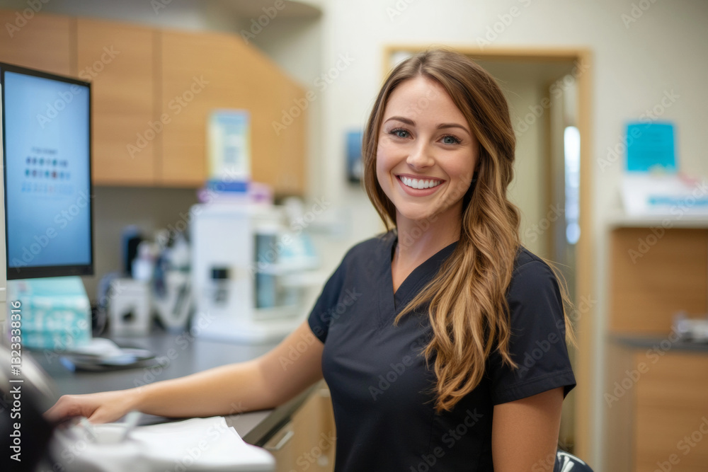 A friendly receptionist welcomes patients at the dental clinic front desk. She embodies professionalism with a bright smile while engaging with clients in a clean, organized environment