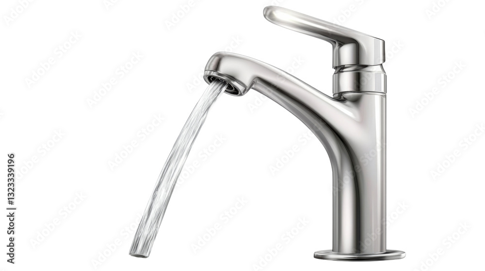 A modern chrome faucet with water flowing smoothly, isolated on transparent background, with splashing droplets around the stream A modern chrome faucet with water flowing smoothly, isolated on transparent background, with splashing droplets around the stream