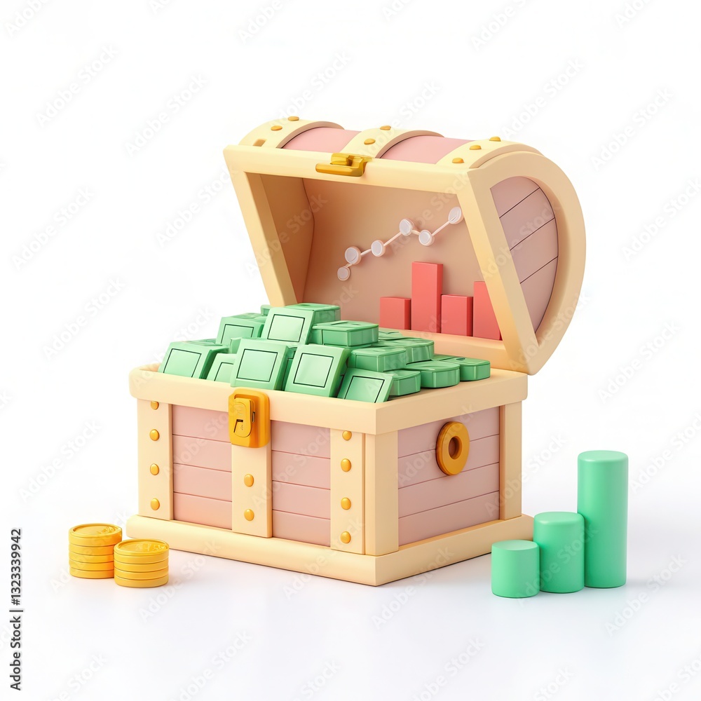 Colorful Cartoon Treasure Chest Overflowing with Gold and Gems in Playful Style Colorful Cartoon Treasure Chest Overflowing with Gold and Gems in Playful Style