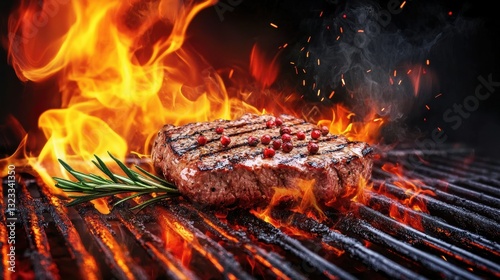 Grilling juicy steak over flames backyard bbq food photography night setting close-up culinary delight