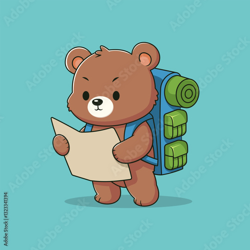 Cute cartoon bear with a backpack reading a map.
