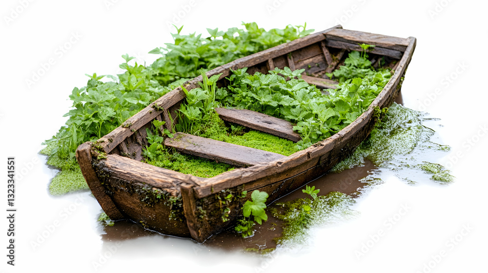 Abandoned wooden boat overgrown with plants Abandoned wooden boat overgrown with plants