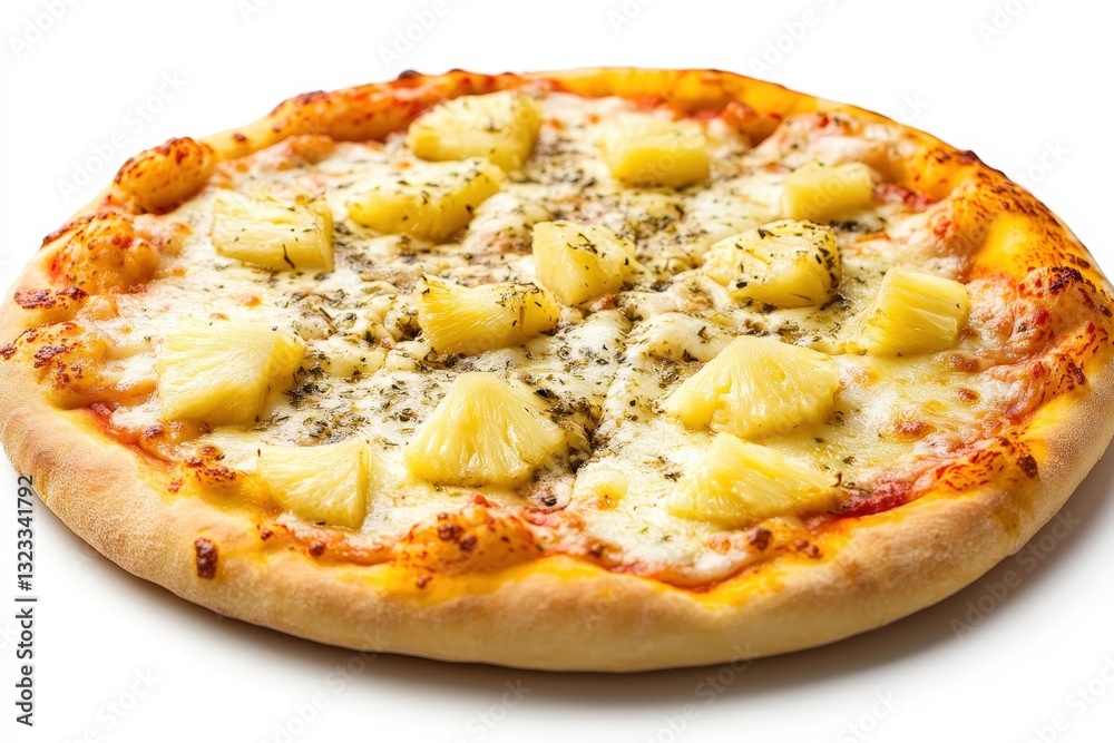 A delicious cheesy pizza with chunks of tropical pineapple on top A delicious cheesy pizza with chunks of tropical pineapple on top
