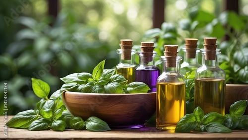 Several glass bottles, likely containing essential oils, are arranged amongst various fresh basil leaves.