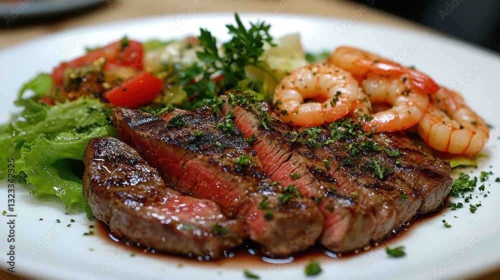 Grilled steak and shrimp with fresh salad garnished with herbs and pepper Grilled steak and shrimp with fresh salad garnished with herbs and pepper