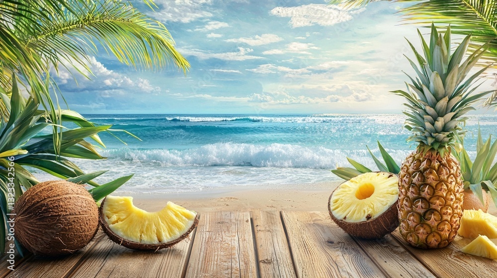 Obraz premium Tropical Beach Scene with Pineapple and Coconut
