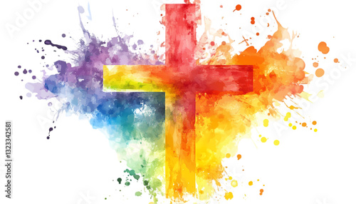 Rainbow Cross Colorful Christian Art on transparent background