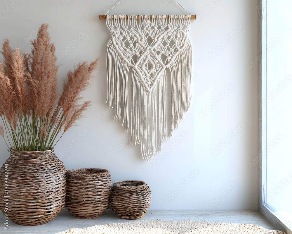 Bohemian corner with a macrame wall hanging and woven baskets.