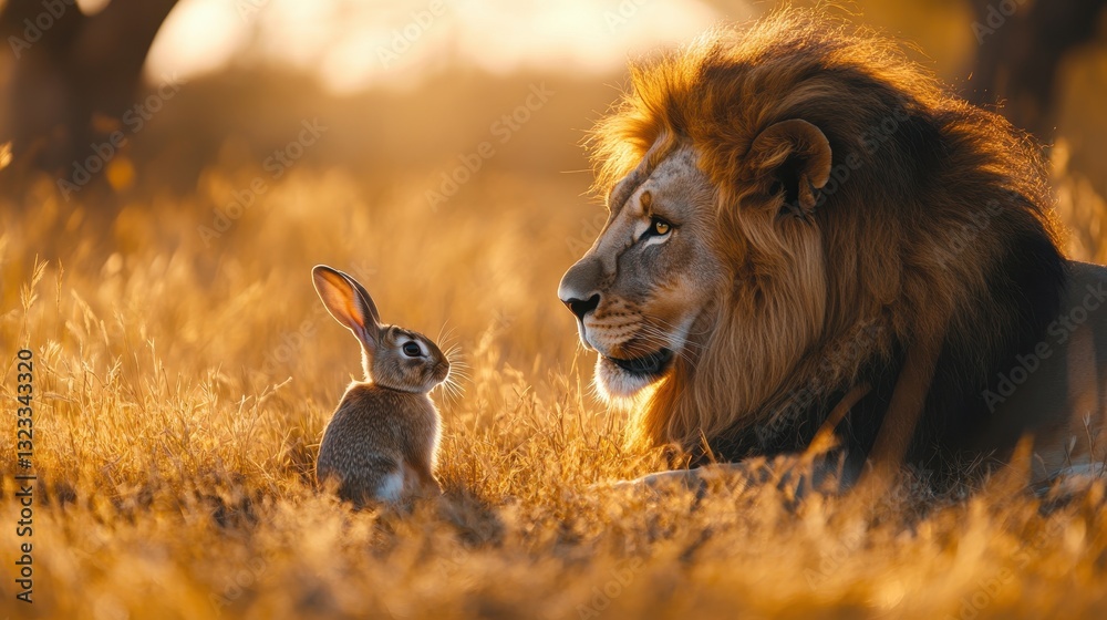 Fototapeta premium Lion and rabbit's tranquil encounter in golden sunset safari scene
