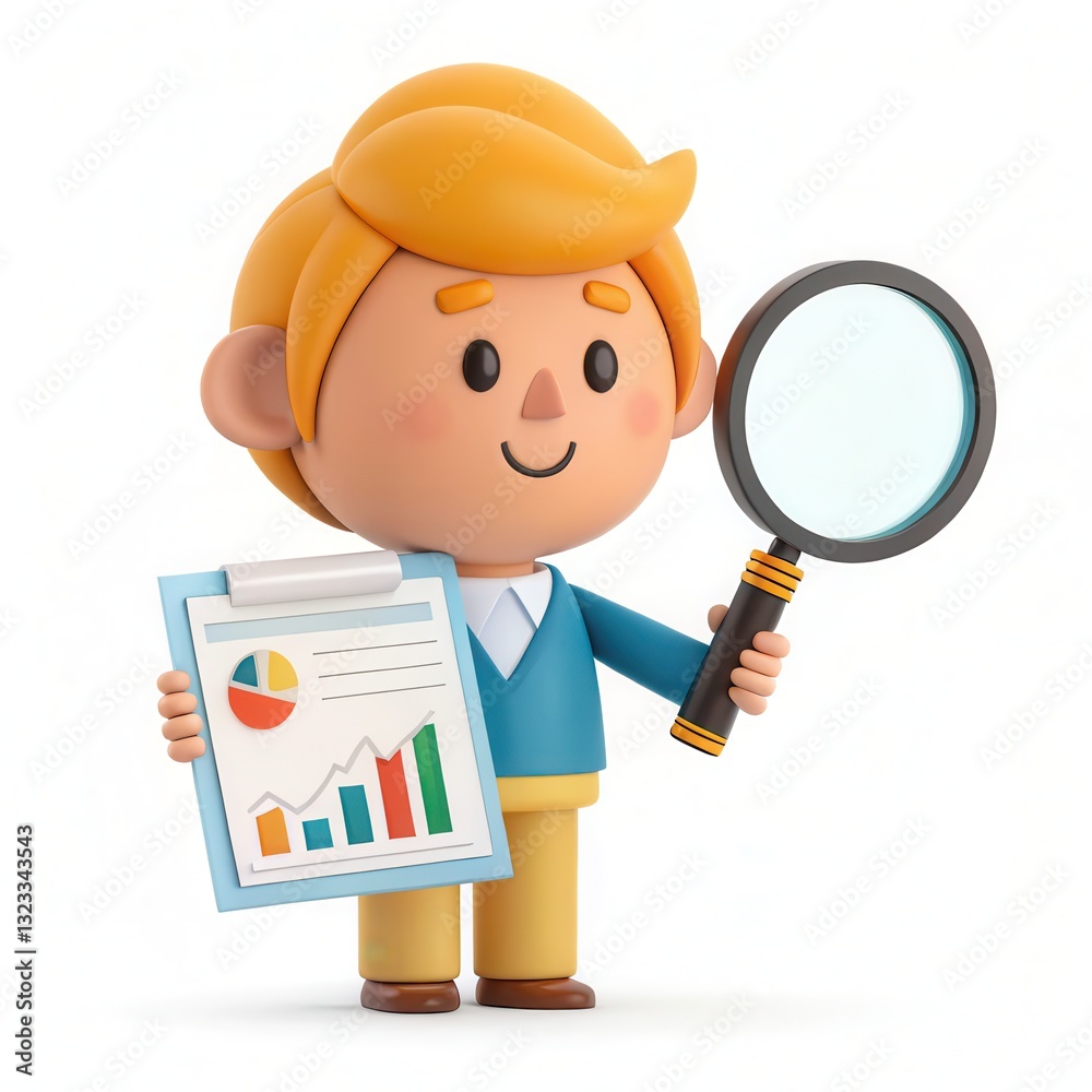 Cartoon Character Holding Financial Graph and Magnifying Glass in 3D Style Cartoon Character Holding Financial Graph and Magnifying Glass in 3D Style