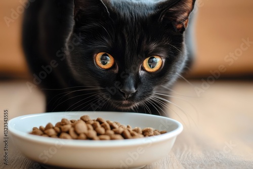 Curious black cat with wide eyes staring at a bowl of dry cat food